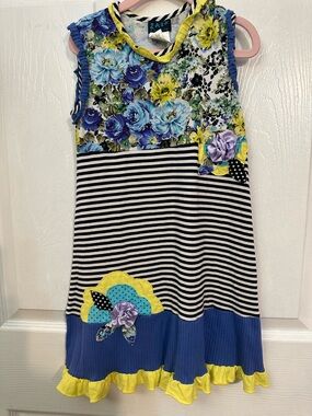 ZAZA Girls Blue & Yellow Floral-Stripe Casual Dress